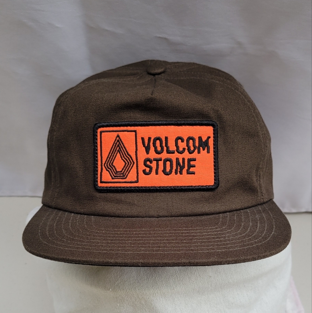 Volcom Stone Brown Trucker Hat Orange Patch Logo Snapback Cap OS Adjustable